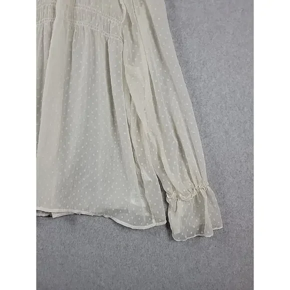 Vero Moda Ivory Swiss Dot LS Fairy Ruffled Smocked Sheer Blouse Women's Large - Picture 5 of 12